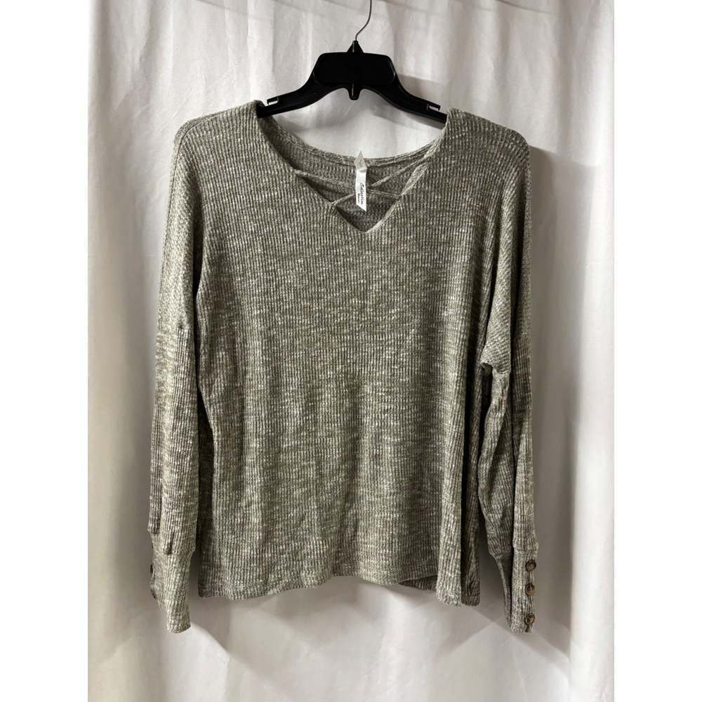 NY Collection Woman Ribbed V Neck Long Sleeve Button Cuff Knit Top Sage Green 1X